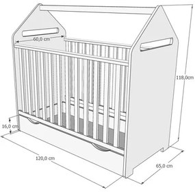 Raj posteli Detská postieľka DOMČEK  2 v 1 so zásuvkou PW 120x60 cm