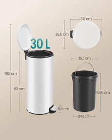 Kovový okrúhly kuchynský odpadkový kôš, 30 L, s pedálom, plastové vnútorné vedro, biela