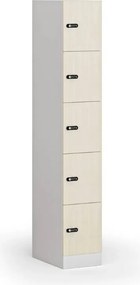 Šatníková skrinka S1 s úložnými boxmi, 5 boxov, 1850 x 300 x 500 mm, demont, mechanický kódový zámok, laminované dvere, breza