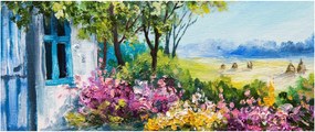 Obraz záhradky pred domom, olejomaľba (120x50 cm)