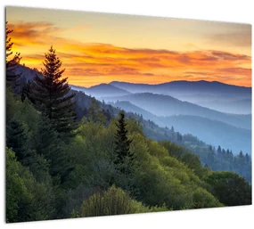 Sklenený obraz - Červánky v horách (70x50 cm)