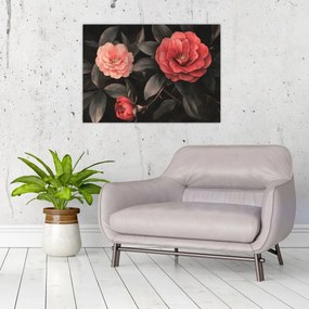 Sklenený obraz - Červené kvety na tmavom pozadí (70x50 cm)
