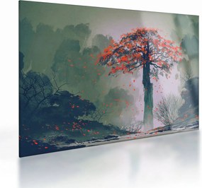 Sklenený obraz osamoteného červeného stromu (70x50 cm)