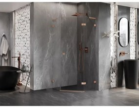 Mexen Lunar, L pravý výklopný päťuholníkový sprchový kút 100x100 cm, 8mm číre sklo, profil medená matná, 831L-100P-100L-65-00-P