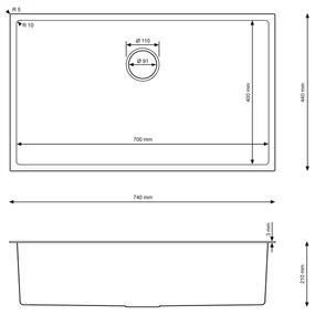 Erga HD, 1-komorový oceľový drez 740x440x210 mm, oceľová, ERG-MLS-HD7444