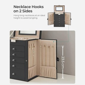 6-úrovňová šperkovnica so zrkadlom a sponou, 5 zásuvkami, čierna