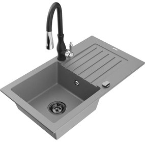 Mexen Pablo, granitový drez 752x436x161 mm, 1-komorový a drezová batéria Savita, šedá, 6510-71-672601-70-B