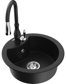 Mexen Diego, 1-komorový granitový drez 488x488x167 mm a drezová batéria Savita, čierna, 6512-77-672601-70