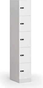 Šatníková skrinka S1 s úložnými boxmi, 5 boxov, 1850 x 300 x 500 mm, demont, mechanický kódový zámok, laminované dvere, biela