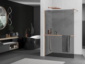 Mexen Kioto+, sprchová zástena Walk-In s poličkou a vešiakom 90 x 200 cm, 8mm šedé sklo, medený matný profil, 800-090-121-65-40