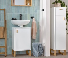 Kúpeľňová skrinka so zásuvkou a dvierkami, úzka