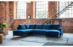 Námorníckymodrá zamatová rozkladacia pohovka do "U" Miuform Lofty Lilly, ľavý roh