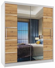 Šatníková skriňa 133 cm Belini biely mat / dub wotan s posuvnými dverami zrkadlom a zásuvkami ME SZP6/1/W/DW/0/KLAL