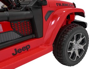 Ramiz Jeep Wrangler Rubicon na batérie pre deti červený + diaľkové ovládanie + rádio MP3 LED + kolesá EVA