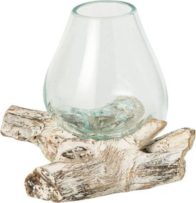 Sklenená váza z recyklovaného skla na dreve Gamal White L - 20*20*20 cm