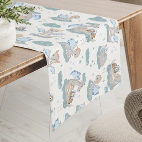 Biante Detský bavlnený behúň na stôl Sandra SA-689 Dráčikovia s medvedíkmi na modrozelených obláčikoch na bielom 35x120 cm