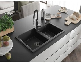 Mexen Tomas, 2-komorový granitový drez 800x500x190 mm a drezová batéria Aster, čierna-strieborná metalíza, 6516-73-73450-07-B