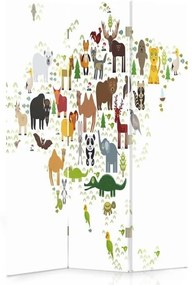 Ozdobný paraván, Mapa světa se zvířaty - 110x170 cm, trojdielny, obojstranný paraván 360°