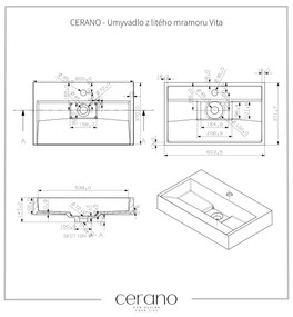 CERANO - Umývadlo z liateho mramoru Vita - nástenné aj na dosku - otvor pre batériu - biela matná - 60x37 cm, CER-CER-8050BD6942