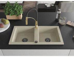 Mexen Mario, granitový drez 820x436x161 mm, 2-komorový a drezová batéria Aster, béžová, 6504-69-73450-57-B