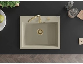 Mexen Elix, 1-korový granitový drez 600 x 500 mm, béžová, zlatý sifón, 6525601005-69-G