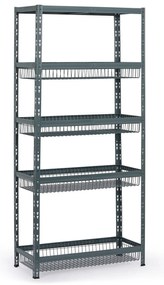 Policový regál s košmi, 1954 x 900 x 400 mm, nosnosť 175 kg, 1 polica + 4 koše