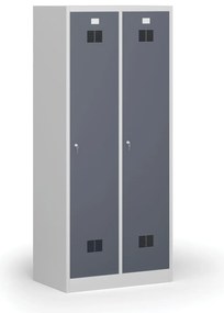 Kovová šatníková skrinka S1 s medzistenou, 2 oddiely, 1850 x 800 x 500 mm, cylindrický zámok, tmavosivé dvere