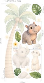 Hrošík a nosorožec pod palmou hravé akvarelové nálepky so safari kamarátmi a kokosovou palmou do detskej izby na stenu arch 23 x 46 cm
