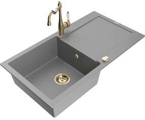 Mexen Leo, granitový drez 900x500x190 mm, 1-komorový a drezová batéria Carla, šedá, 6501-71-670700-50
