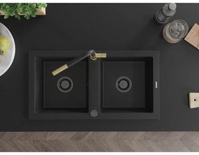 Mexen Mario, 2-komorový granitový drez 820x436x161 mm a drezová batéria Flora, čierna, 6504-77-670401-57-B
