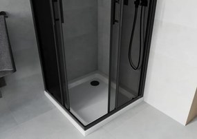 Mexen Rio, štvorcový sprchovací kút s posuvnými dverami 80(dvere) x 80(dvere) x 190 cm, 6mm šedé sklo, čierny profil + biela sprchová vanička SLIM, 860-080-080-70-40-4010B