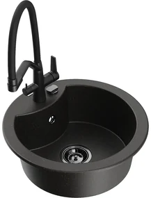 Mexen Diego, 1-komorový granitový drez 488x488x167 mm a drezová batéria Duo, čierna-zlatá metalíza, 6512-75-671701-70-B