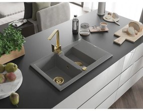 Mexen Gaspar, granitový drez 737x475x177 mm, 1,5-komorový a zlatá batéria Rita, šedá, 6507-71-670300-50