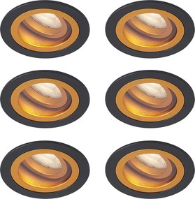 Sada 6 moderných zapustených bodových svetiel čierna so zlatou otočné a naklápacie IP44 - Chuck