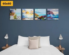 Set obrazov výhľad na more v imitácii maľby - 4x 40x40