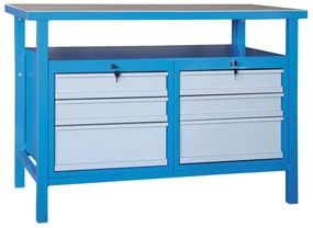 Dielenský pracovný stôl GD, smrek + buková preglejka, 6 zásuviek, 1190 x 600 x 850 mm, modrá