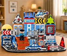 LEAN Toys Magnetické stavebné kocky – Policajná základňa, vozidlá, policajt, 44 dielov