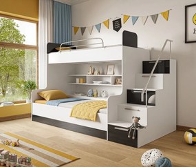 DETSKÁ POSCHODOVÁ POSTEĽ KLARA + SCHODY + POLICE SKRINKY BIELO / ČIERNA