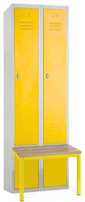 Kovová šatníková skrinka s lavičkou, 60 x 85 x 185 cm, sokel, otočný zámok, žltá - ral 1023