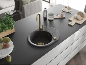 Mexen Kevin, granitový drez 586x458x190 mm, 1-komorový, čierna škvrnitá so zlatým sifónom, 6517581005-76-G