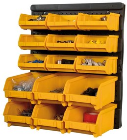 Čierna plastová stena na náradie s boxami, 15 boxov