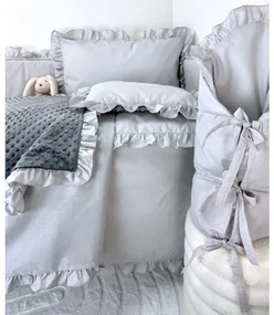 5-dielna súprava pre bábätko Sivá s volánikom/minky sivá – elegantná súprava do postieľky