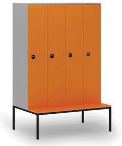 Drevená šatníková skrinka S4 s lavičkou, 4 oddiely, 1871 x 1200 x 500/800 mm, demont, RFID zámok, sivá/oranžová