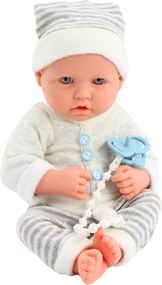 LEAN Toys Bábika Bobas v bielo-sivom pruhovanom oblečení, s čiapočkou, cumlíkom a dekou