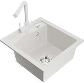 Mexen Vito, 1-komorový granitový drez 520x490x210 mm, biela batéria Duero, biela, 6503-20-671600-20