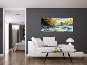 Obraz zimnej rieky, olejomaľba (120x50 cm)