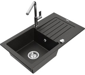 Mexen Pablo, 1-komorový granitový drez 752x436x161 mm a drezová batéria Flora, čierna-zlatá metalíza, 6510-75-670401-00