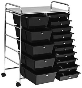 Mobilný úložný vozík s 15 zásuvkami, rôzne farby, čierny