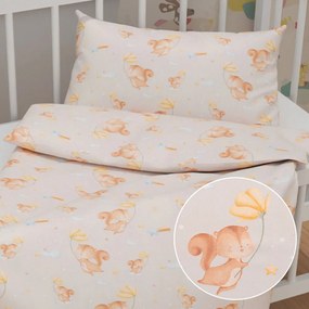 Biante Detské bavlnené posteľné obliečky do postieľky Sandra SA-525 Veveričky s kvietkami na sivobéžovom Do postieľky 90x120 a 40x60 cm