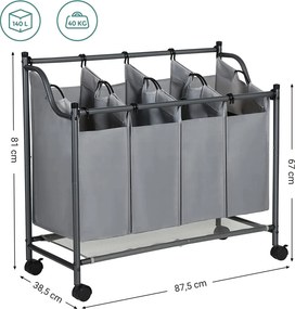 Kôš na bielizeň s kolieskami, 4 priehradky, vozík na bielizeň, 4 x 35L, sivý
